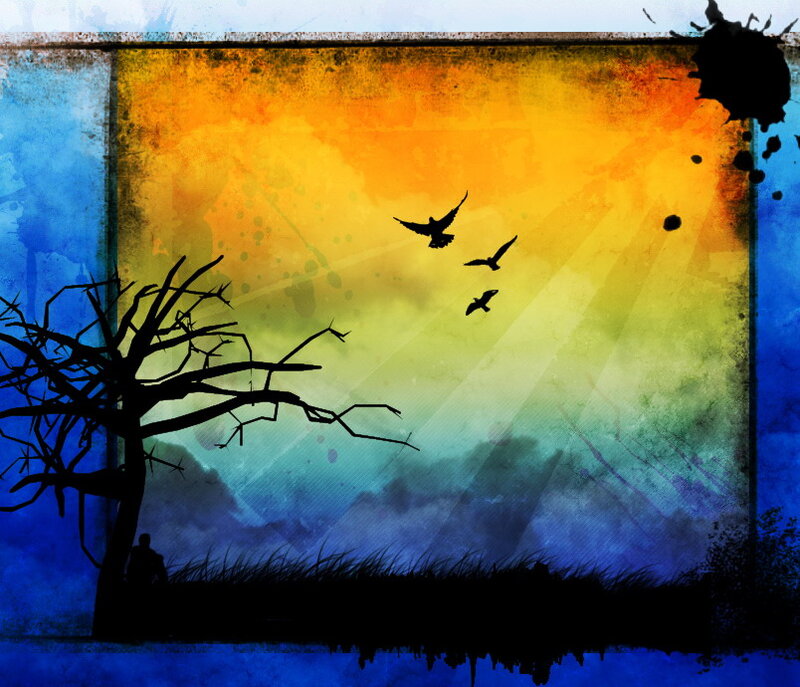 Silhouette of tree and birds at sunset