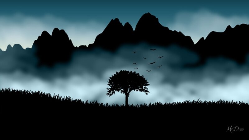 Silhouette of Tree and Birds — Black