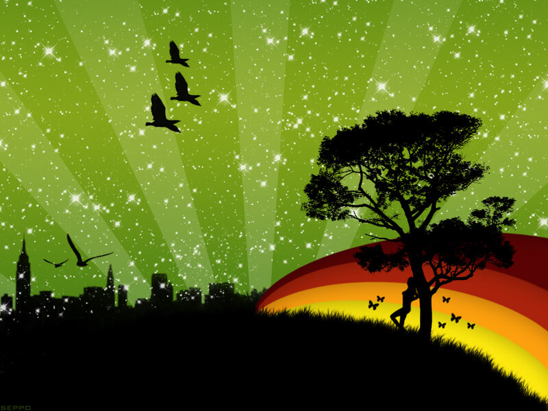 Silhouette of Tree and City — Green