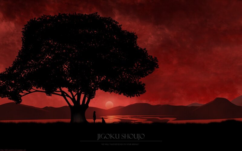 Silhouette of Tree and Figures — Red, Dramatic