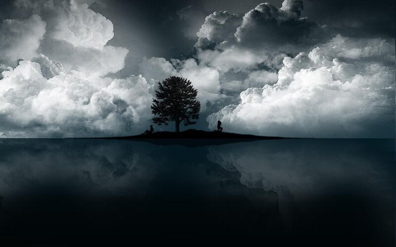 Silhouette of Tree and People — Black, Dramatic
