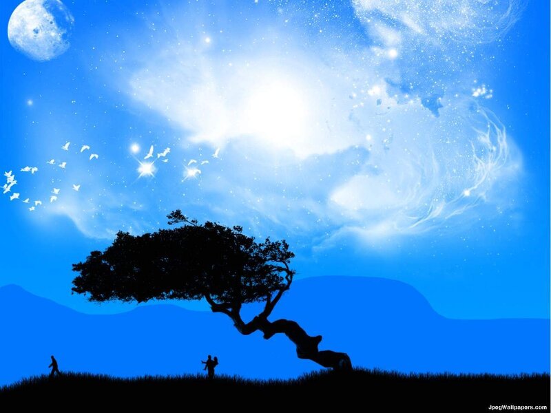 Silhouette of Tree and People — Blue, Serene, Night, Digital Art, Moon
