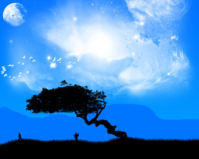 Silhouette of Tree and People — Blue