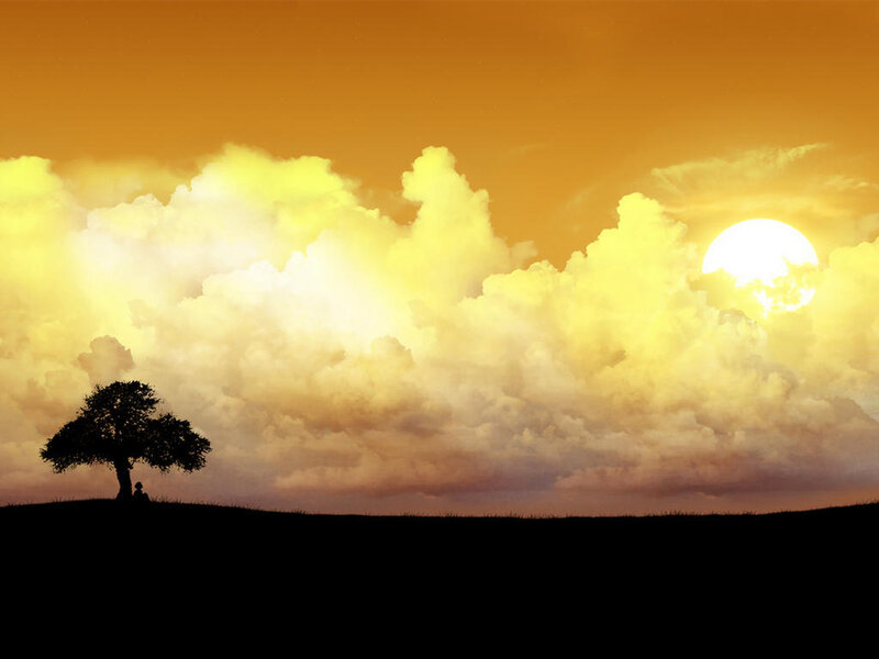 Silhouette of Tree and Person — Orange, Serene, Sunset, Digital Art, Clouds, Sun