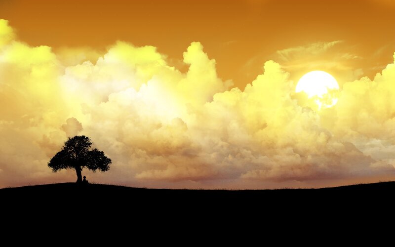 Silhouette of Tree and Person — Orange, Serene, Sunset, Digital Art, Clouds