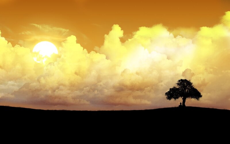 Silhouette of Tree and Person — Orange, Serene, Sunset, Digital Art, Sun, Clouds