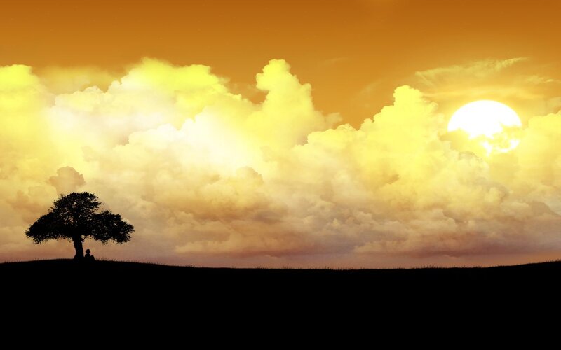 Silhouette of Tree and Person — Orange, Serene, Sunset, Digital Art