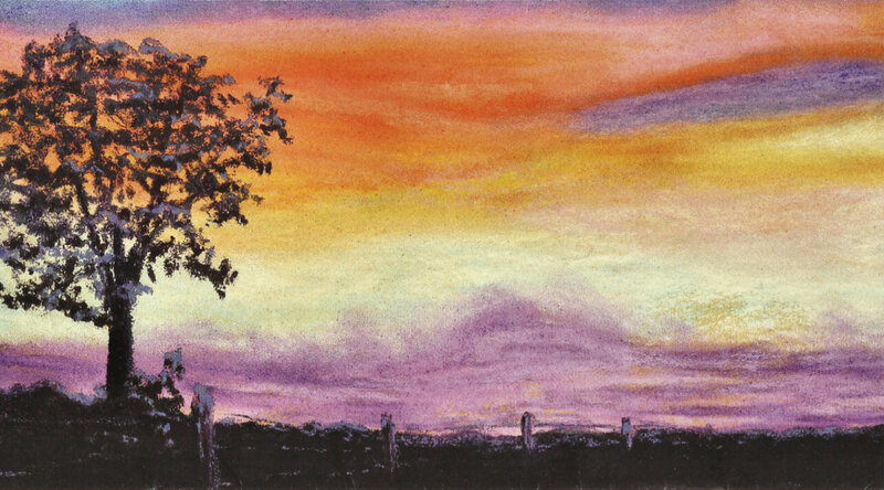 Silhouette of Tree at Sunset — Orange, Serene, Painting