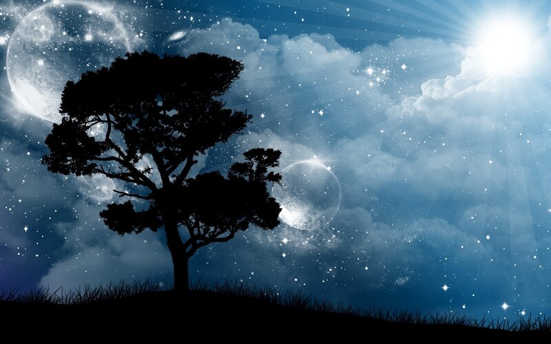 Silhouette of Tree — Blue, Serene, Night, Digital Art, Moon, Stars, Clouds, Black