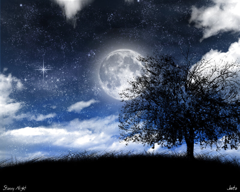 Silhouette of Tree — Blue, Serene, Night, Digital Art, Moon, Stars