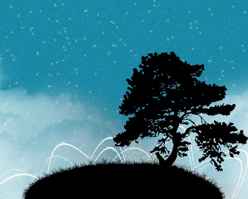 Silhouette of Tree on Hill — Blue, Serene, Night, Digital Art, Stars, Clouds