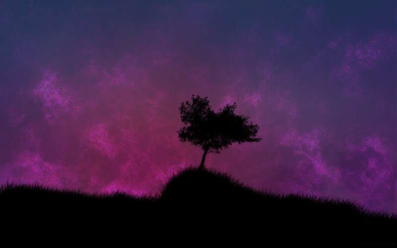Silhouette of Tree on Hill — Purple, Serene, Night, Digital Art