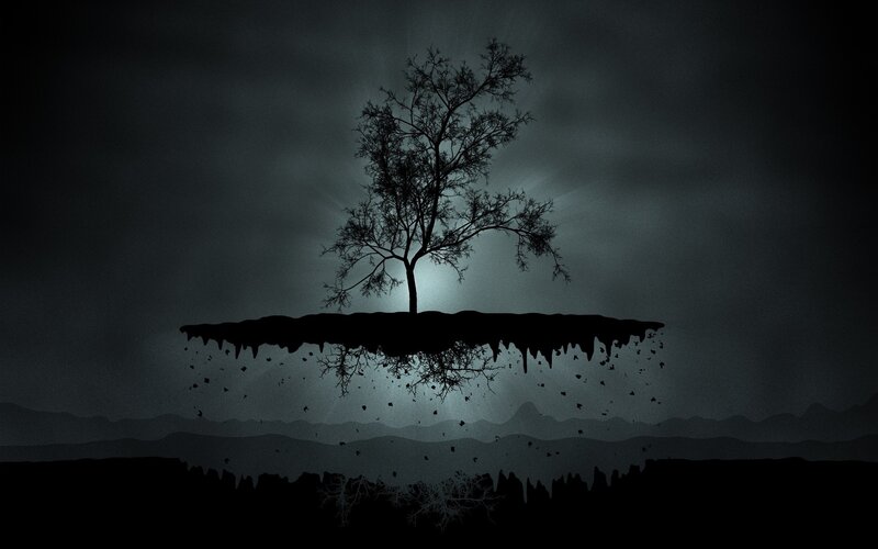 Silhouette of Tree on Island — Black, Dramatic, Night, Digital Art, Mountains