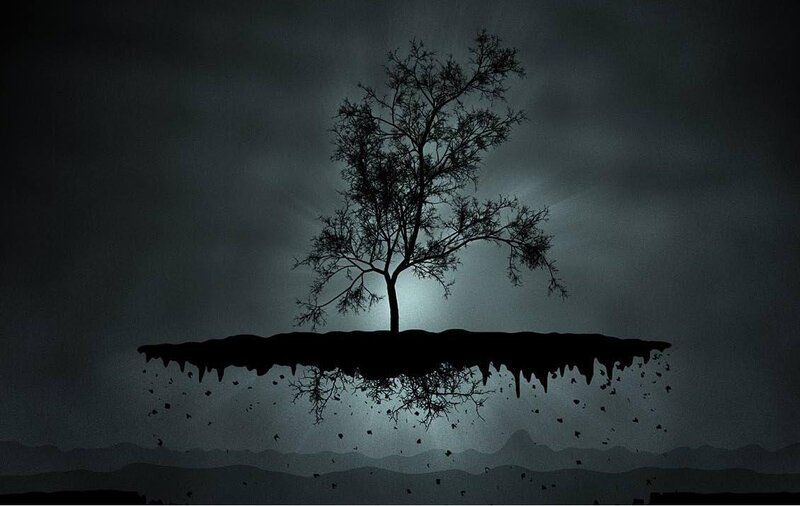 Silhouette of Tree on Island — Black, Dramatic, Night, Digital Art, Sky, Gray