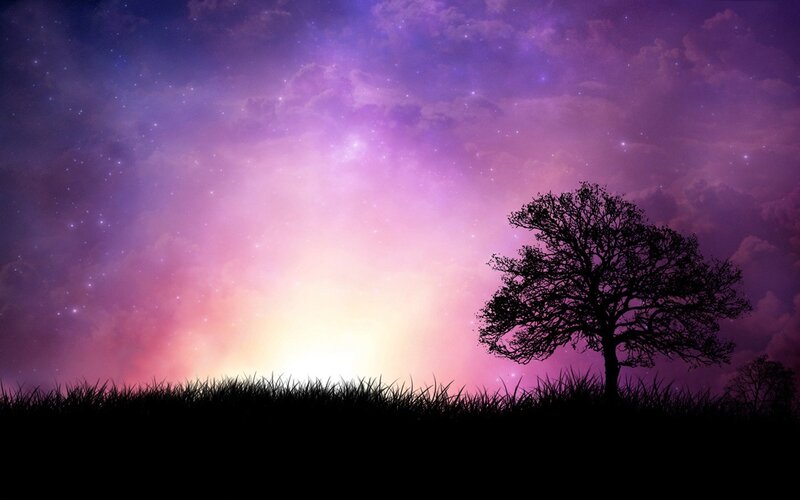 Silhouette of Tree — Purple, Serene, Night, Digital Art, Grass, Sky