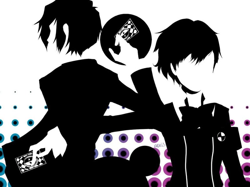 Silhouette of two characters with cards