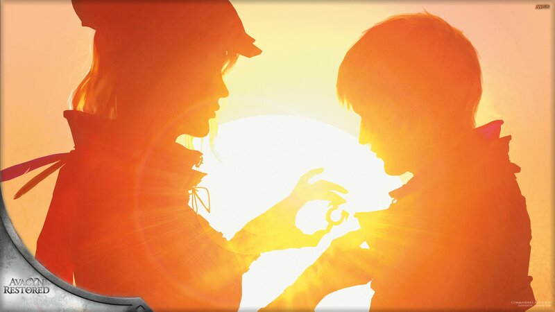 Silhouette of two figures at sunset