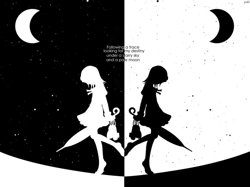 silhouette of two girls under moon