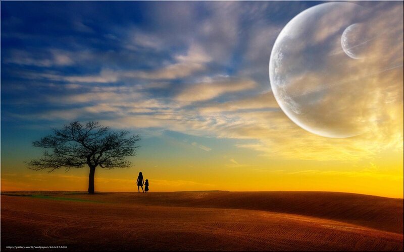 Silhouette of Two People — Blue, Dramatic, Sunset, Digital Art, Tree