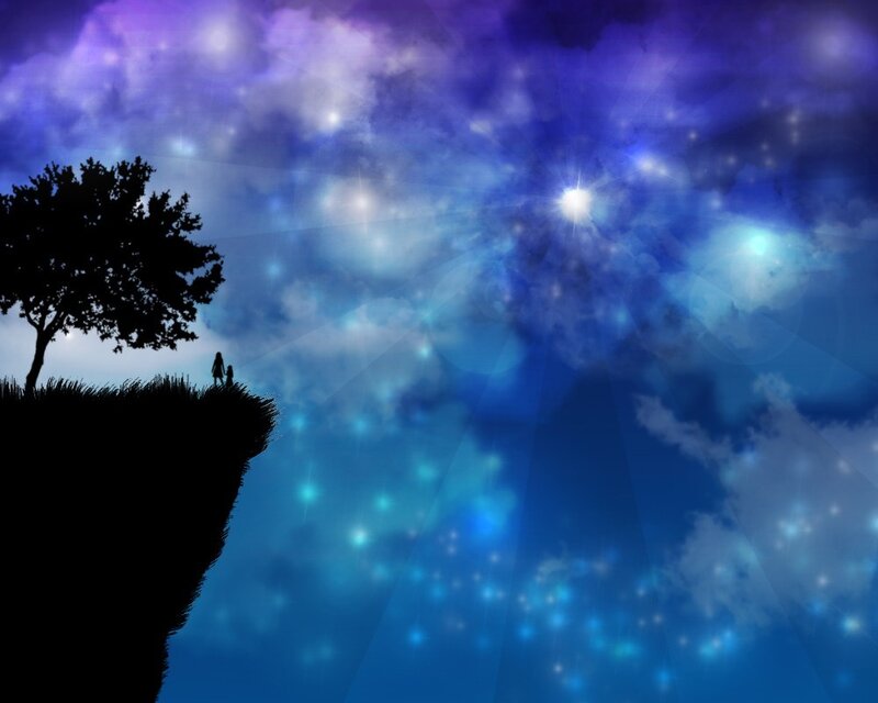 Silhouette of Two People — Blue, Serene, Night, Digital Art