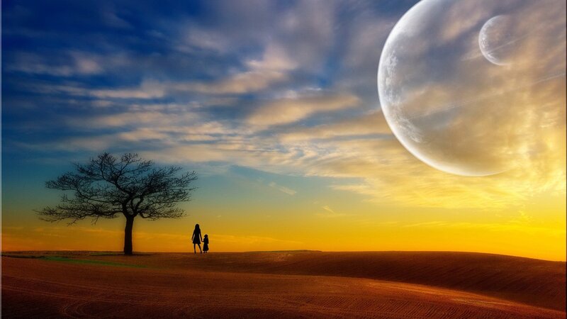 Silhouette of two people on alien planet