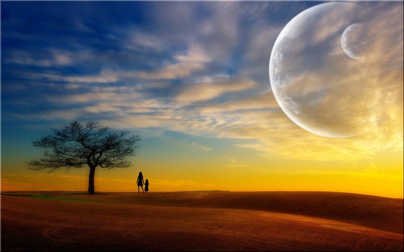 Silhouette of two people on alien planet