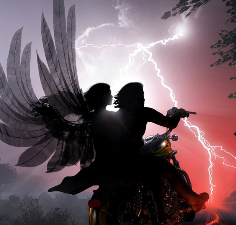 Silhouette of Two People on Motorcycle