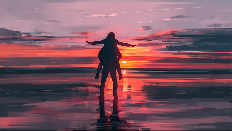 Silhouette of Two People — Red, Dramatic