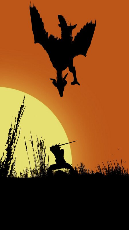 Silhouette of Warrior and Dragon — Orange, Dramatic