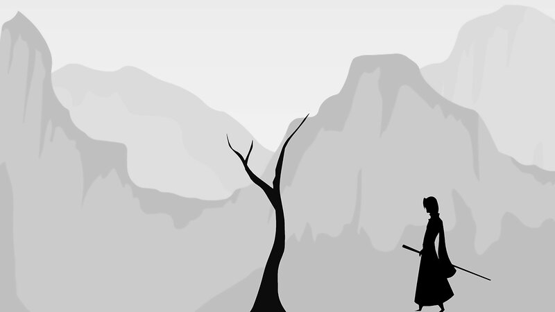 Silhouette of Warrior — Black, Dramatic, Minimalist, Mountains