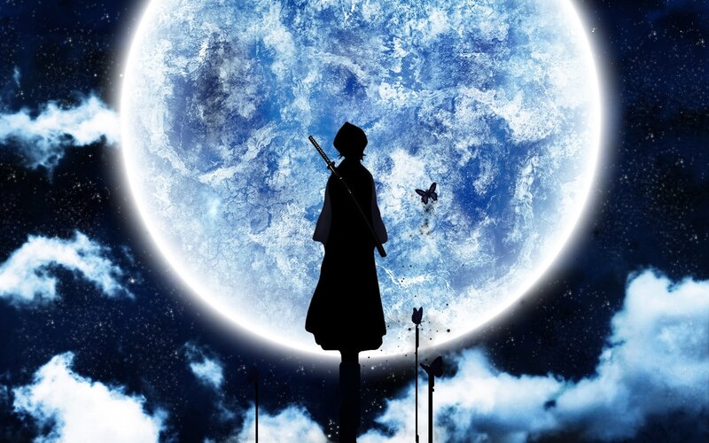 Silhouette of Warrior — Blue, Dramatic, Night, Anime, Moon