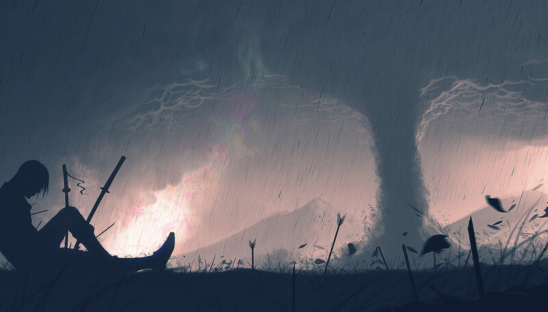 Silhouette of Warrior — Blue, Dramatic, Night, Digital Art, Tornado