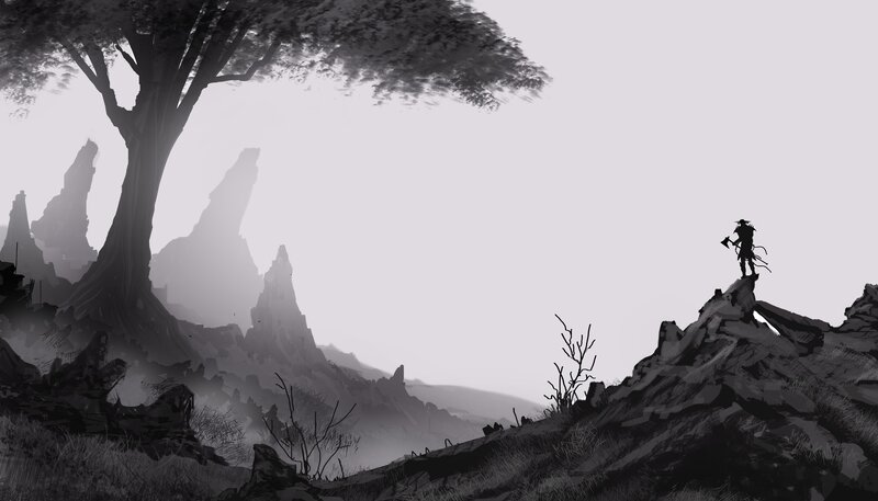 Silhouette of Warrior on Cliff — Black