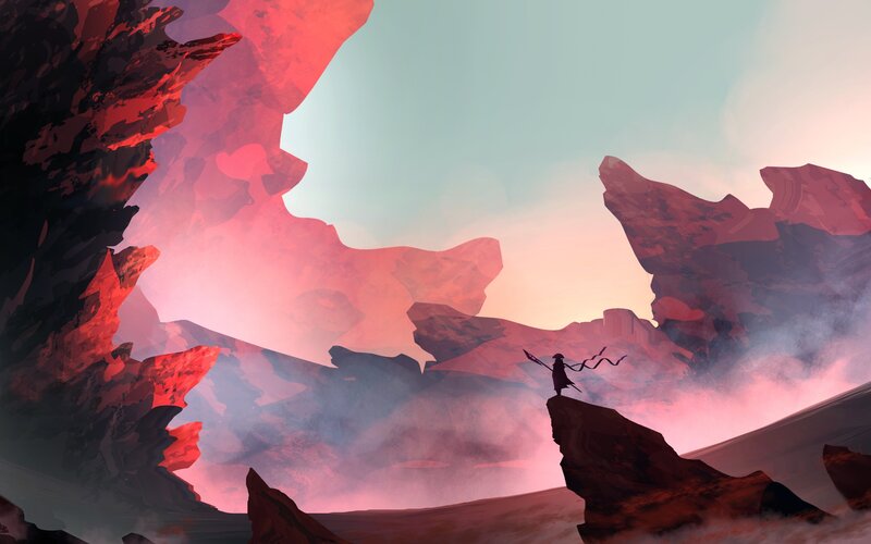 Silhouette of Warrior on Cliff — Red, Dramatic, Sunset