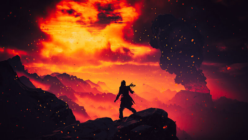 Silhouette of Warrior on Cliff — Red, Dramatic