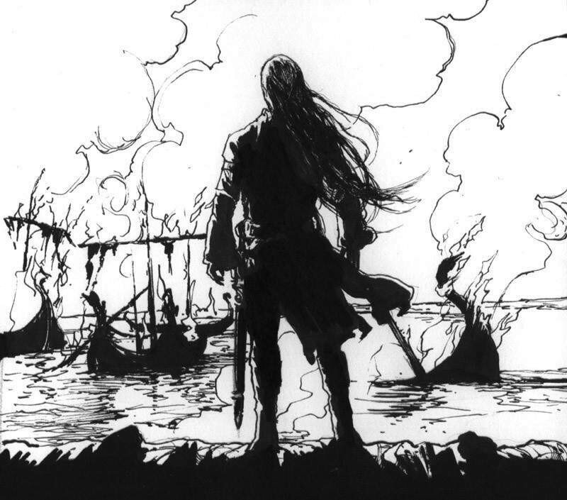 silhouette of warrior on shore