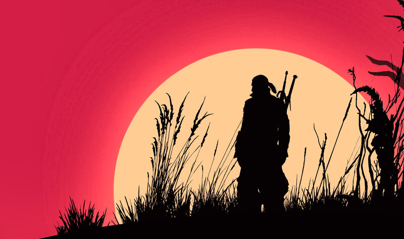 Silhouette of Warrior — Red, Dramatic, Sunset, Digital Art, Sun