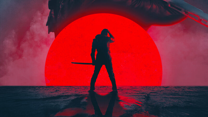 Silhouette of Warrior — Red, Dramatic, Sunset