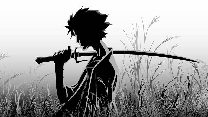 Silhouette of Warrior with Sword — Black, Dramatic, Anime, Grass