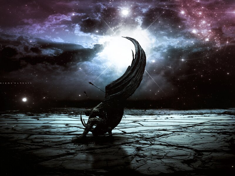 Silhouette of Winged Figure — Black, Dramatic, Night