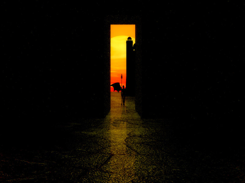Silhouette of Winged Figure — Black, Dramatic, Sunset