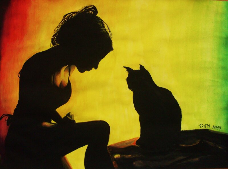 Silhouette of Woman and Cat — Yellow, Dramatic, Sunset