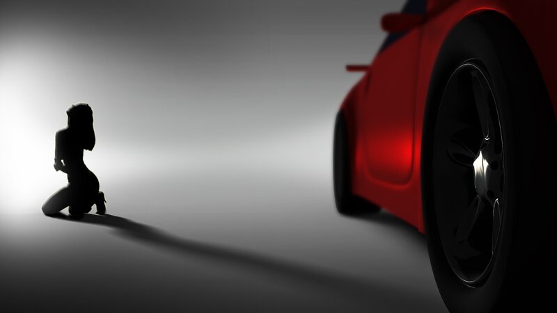 silhouette of woman and red car