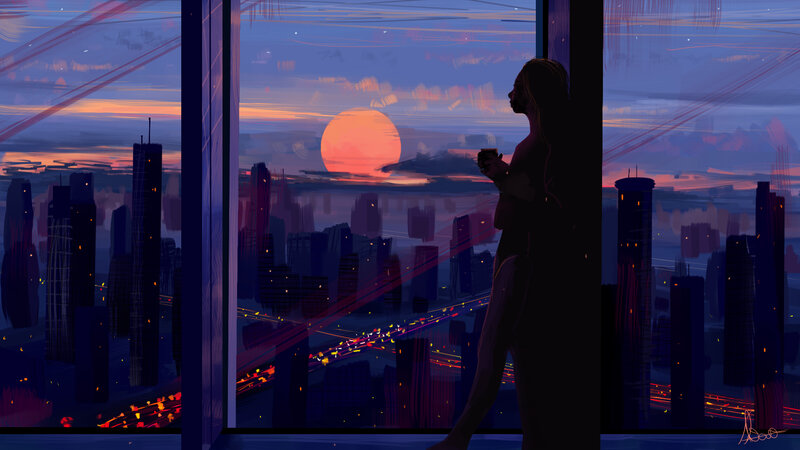 Silhouette of Woman at Window — Purple