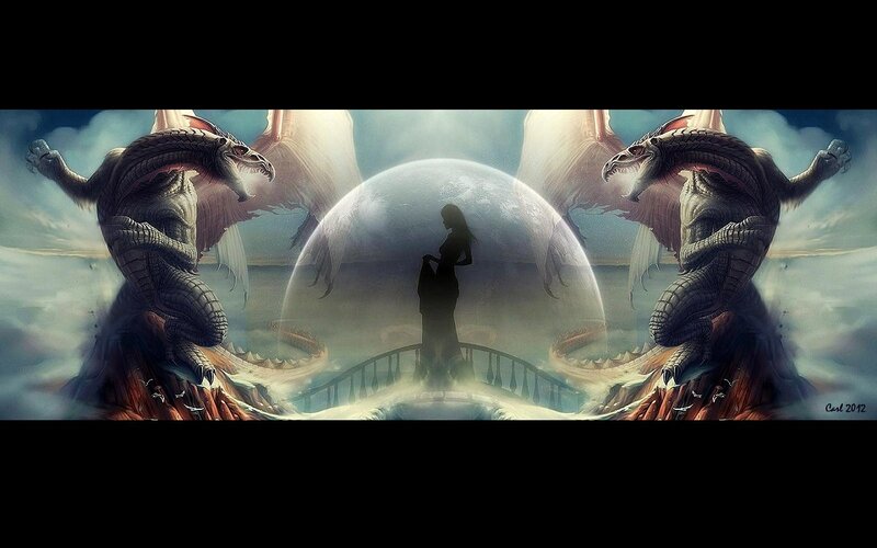 Silhouette of Woman Between Dragons