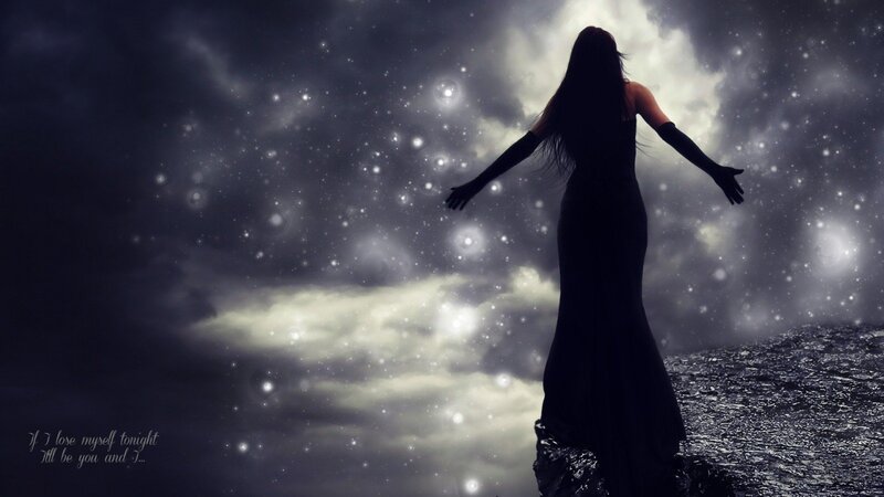 Silhouette of Woman — Black, Dramatic, Night, Digital Art, Night Sky