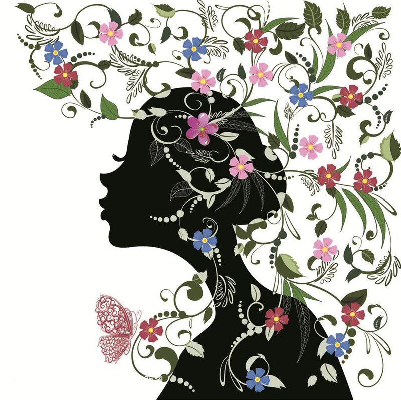 Silhouette of Woman — Black, Serene, Vector Art, Flowers