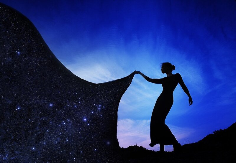 Silhouette of Woman — Blue, Dramatic, Night, Digital Art, Night Sky