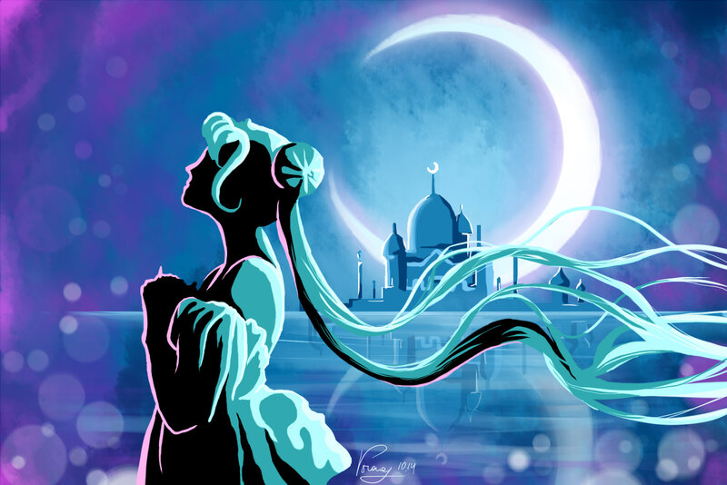 Silhouette of Woman — Blue, Serene, Night, Digital Art