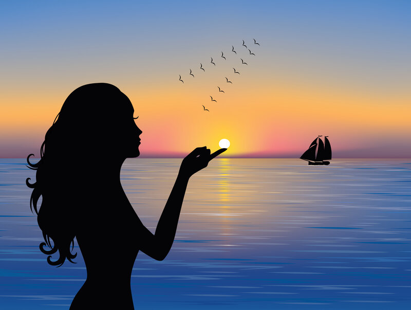 Silhouette of Woman — Blue, Serene, Sunset, Illustration